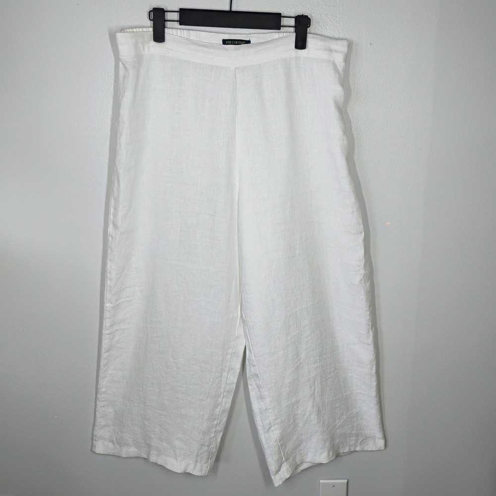 For Cynthia Wide Leg Linen Pants Womens Large White Cropped Minimalist Lagenlook